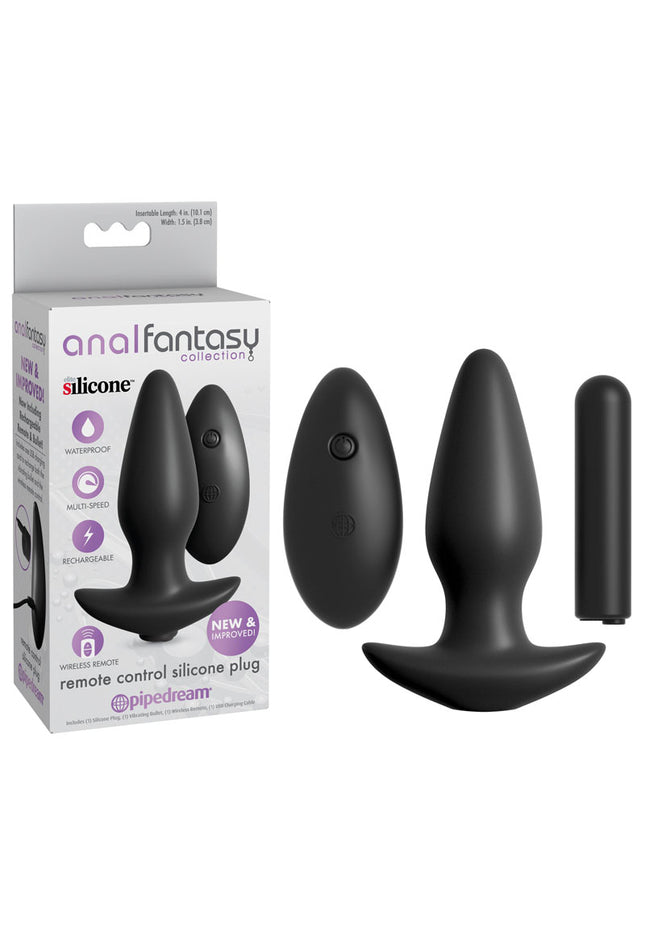 Anal Fantasy Collection Remote Control Silicone Plug - Black 10 cm (4'') Rechargeable Vibrating Butt Plug