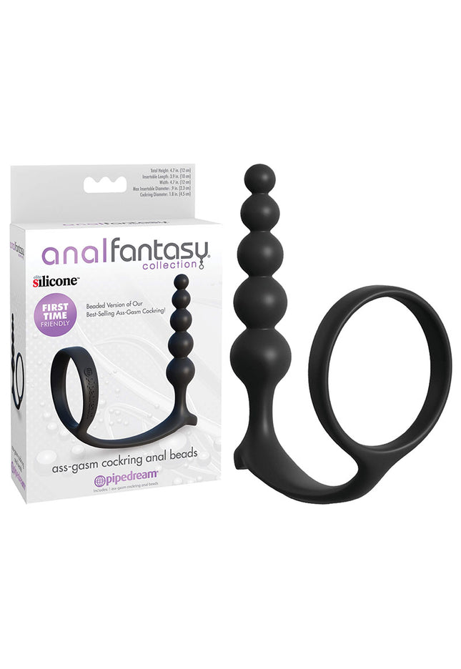 Anal Fantasy Collection Ass-Gasm Cockring Anal Beads - Black Cock Ring with Anal Plug