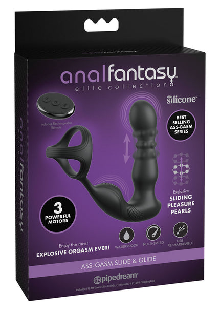 Anal Fantasy Elite Ass-Gasm Slide & Glide - Black USB Rechargeable Prostate Massage with Cock Ring