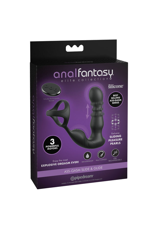 Anal Fantasy Elite Ass-Gasm Slide & Glide - Black USB Rechargeable Prostate Massage with Cock Ring