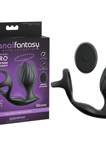 Anal Fantasy Elite Ass-Gasm Gyro-Milk Pro - Black USB Rechargeable Gyrating Butt Plug with Cock Ring