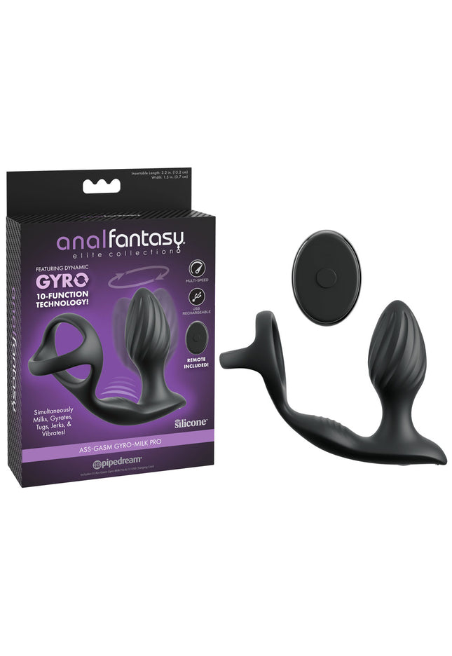 Anal Fantasy Elite Ass-Gasm Gyro-Milk Pro - Black USB Rechargeable Gyrating Butt Plug with Cock Ring