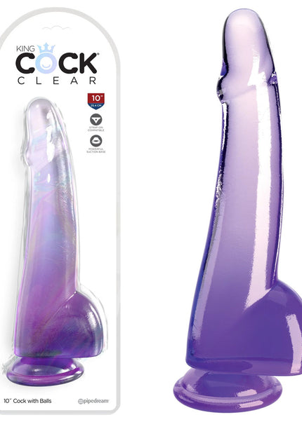 King Cock Clear 10'' Cock with Balls - Purple - Purple 25 cm Dong