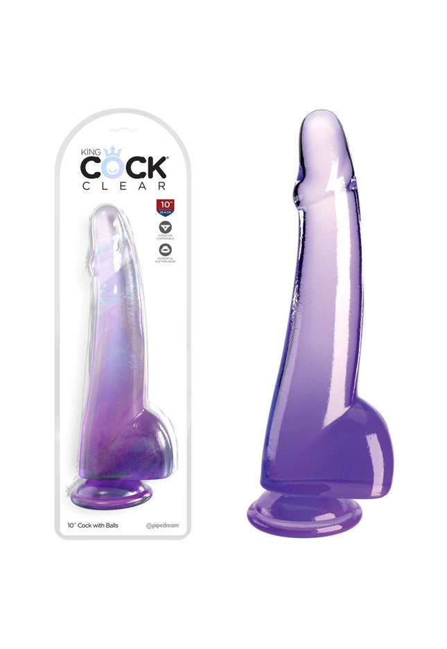 King Cock Clear 10'' Cock with Balls - Purple - Purple 25 cm Dong
