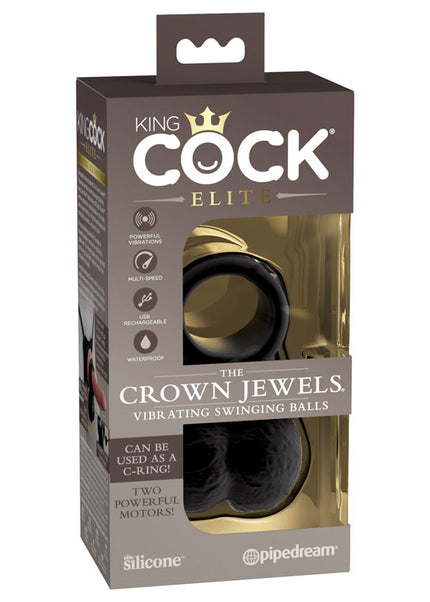 King Cock Elite The Crown Jewels Vibrating Silicone Balls - Black USB Rechargeable Vibrating Cock Ring