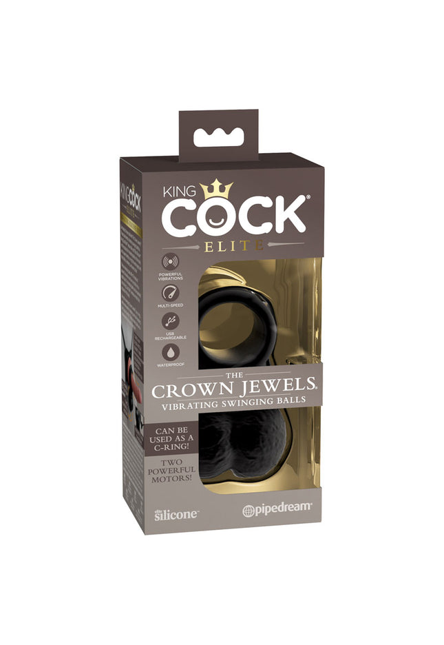 King Cock Elite The Crown Jewels Vibrating Silicone Balls - Black USB Rechargeable Vibrating Cock Ring