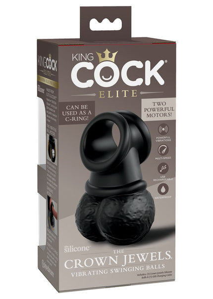 King Cock Elite The Crown Jewels Vibrating Silicone Balls - Black USB Rechargeable Vibrating Cock Ring