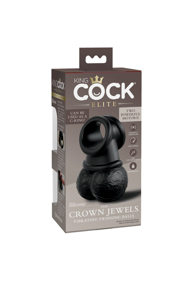 King Cock Elite The Crown Jewels Vibrating Silicone Balls - Black USB Rechargeable Vibrating Cock Ring