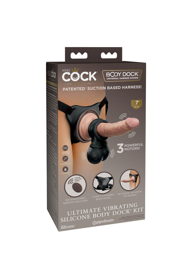 King Cock Elite Ultimate Vibrating Silicone Body Dock Kit - Body Dock Strap-On Harness with 17.8 cm Vibrating Dong & Vibrating Balls