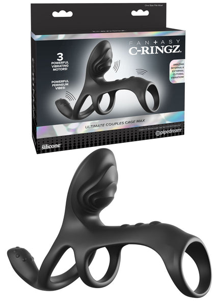 Fantasy C-Ringz Ultimate Couples Cage Max - Black USB Rechargeable Vibrating Cock Ring Cage