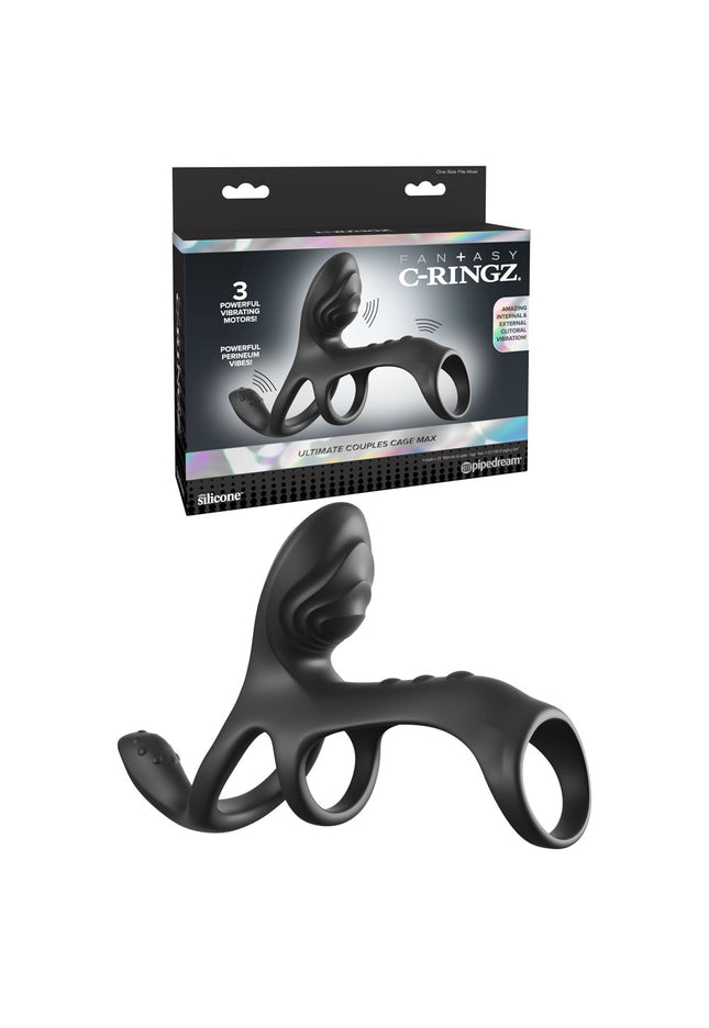 Fantasy C-Ringz Ultimate Couples Cage Max - Black USB Rechargeable Vibrating Cock Ring Cage