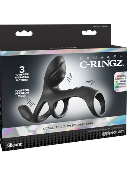 Fantasy C-Ringz Ultimate Couples Cage Max - Black USB Rechargeable Vibrating Cock Ring Cage