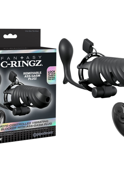 Fantasy C-Ringz Remote-Controlled Vibrating Cock Blocker with Ass-Gasm Plug - Black Vibrating Cock Cage with Anal Plug