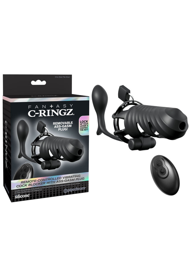 Fantasy C-Ringz Remote-Controlled Vibrating Cock Blocker with Ass-Gasm Plug - Black Vibrating Cock Cage with Anal Plug