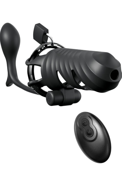 Fantasy C-Ringz Remote-Controlled Vibrating Cock Blocker with Ass-Gasm Plug - Black Vibrating Cock Cage with Anal Plug