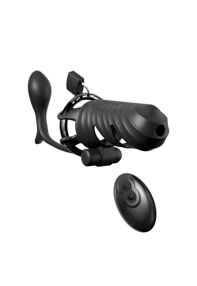 Fantasy C-Ringz Remote-Controlled Vibrating Cock Blocker with Ass-Gasm Plug - Black Vibrating Cock Cage with Anal Plug
