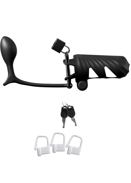 Fantasy C-Ringz Remote-Controlled Vibrating Cock Blocker with Ass-Gasm Plug - Black Vibrating Cock Cage with Anal Plug