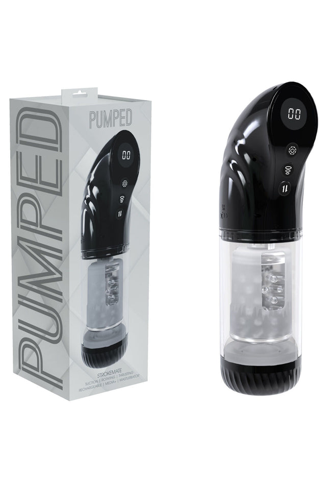 PUMPED Strokemate - Black/Clear USB Rechargeable Sucking Rotating and Thrusting Auto Masturbator