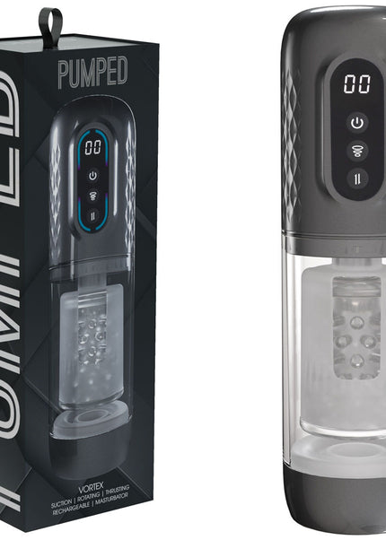 PUMPED Vortex - Gunmetal - Gunmetal Grey/Clear USB Rechargeable Sucking Rotating and Thrusting Auto Masturbator