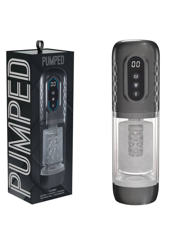 PUMPED Vortex - Gunmetal - Gunmetal Grey/Clear USB Rechargeable Sucking Rotating and Thrusting Auto Masturbator