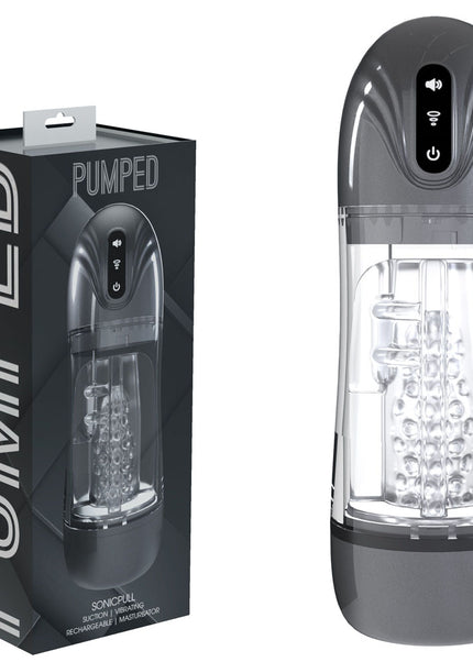 PUMPED SonicPull - Gunmetal - Gunmetal Grey/Clear USB Rechargeable Sucking And Vibrating Auto Masturbator
