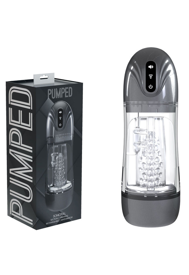 PUMPED SonicPull - Gunmetal - Gunmetal Grey/Clear USB Rechargeable Sucking And Vibrating Auto Masturbator