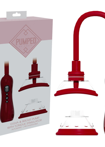 PUMPED Vulva & Breast Pump with Tongue Stimulator - Red - Red USB Rechargeable Ladies Pump Set