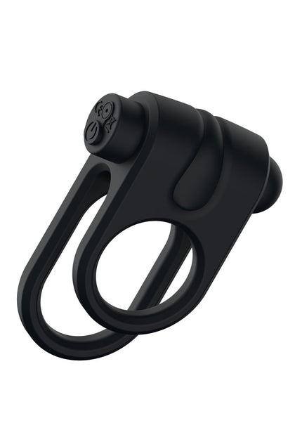 Passion Play Silicone Vibrating Dual Cockring - Black USB Rechargeable Cock & Balls Ring