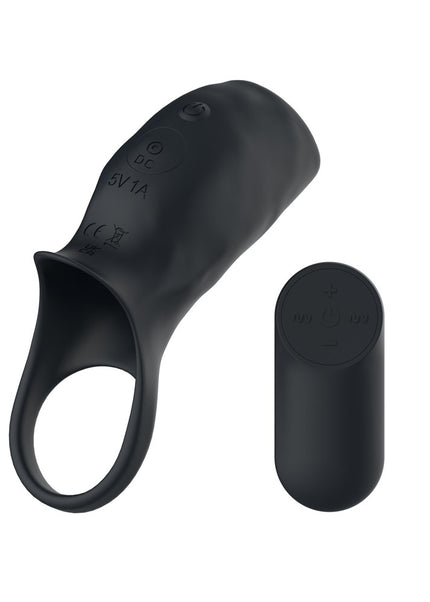 Passion Play Vibrating Cockring Sleeve - Black USB Rechargeable Vibrating Penis Sleeve with Wireless Remote