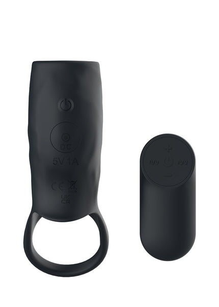 Passion Play Vibrating Cockring Sleeve - Black USB Rechargeable Vibrating Penis Sleeve with Wireless Remote