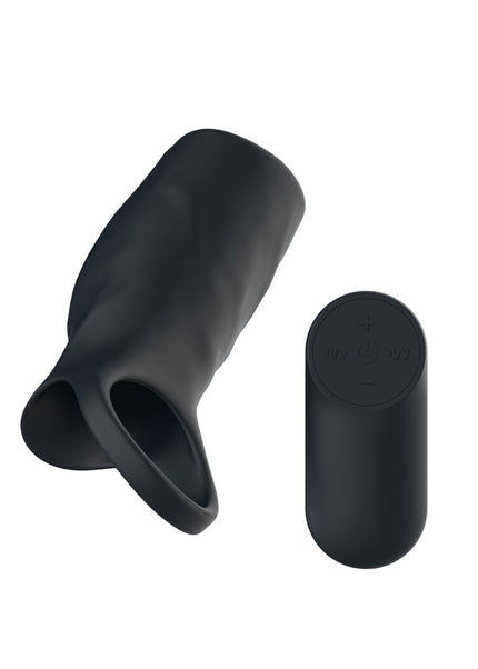 Passion Play Vibrating Cockring Sleeve - Black USB Rechargeable Vibrating Penis Sleeve with Wireless Remote