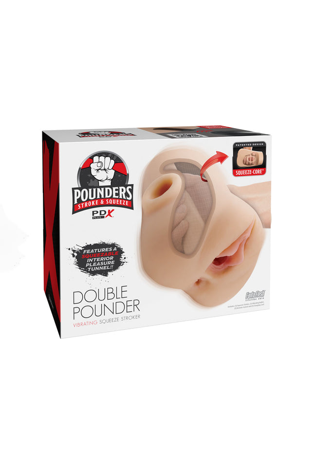 PDX Plus Double Pounder Vibrating Squeeze Stroker - Flesh - Flesh USB Rechargeable Vibrating Vagina Stroker