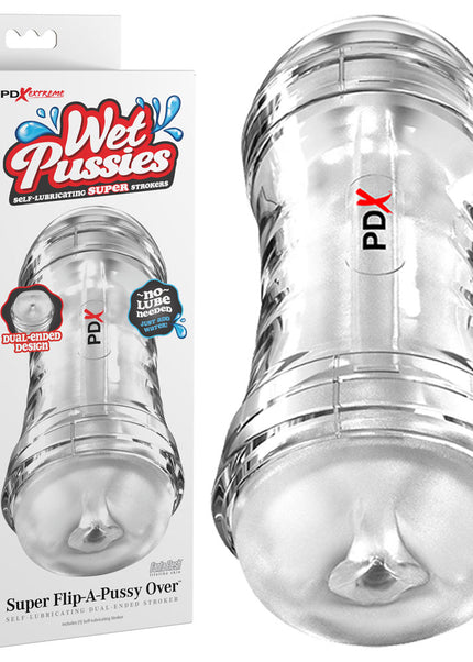 PDX Wet Pussies Super Flip-A-Pussy Over - Clear - Clear Dual Ended Self Lubricating Stroker (Vagina & Ass)