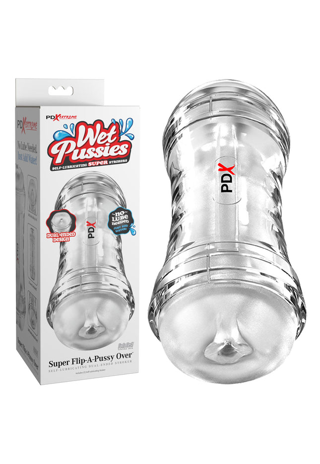 PDX Wet Pussies Super Flip-A-Pussy Over - Clear - Clear Dual Ended Self Lubricating Stroker (Vagina & Ass)