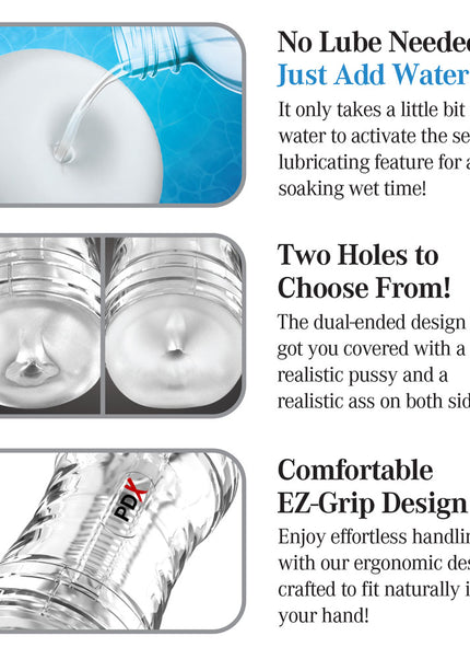 PDX Wet Pussies Super Flip-A-Pussy Over - Clear - Clear Dual Ended Self Lubricating Stroker (Vagina & Ass)