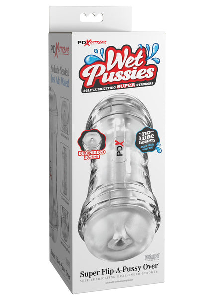 PDX Wet Pussies Super Flip-A-Pussy Over - Clear - Clear Dual Ended Self Lubricating Stroker (Vagina & Ass)