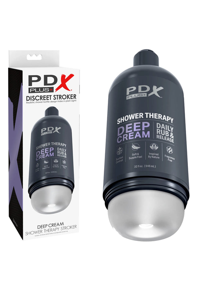PDX Plus Shower Therapy - Deep Cream - Frosted - Clear Discreet Stroker with Suction Base