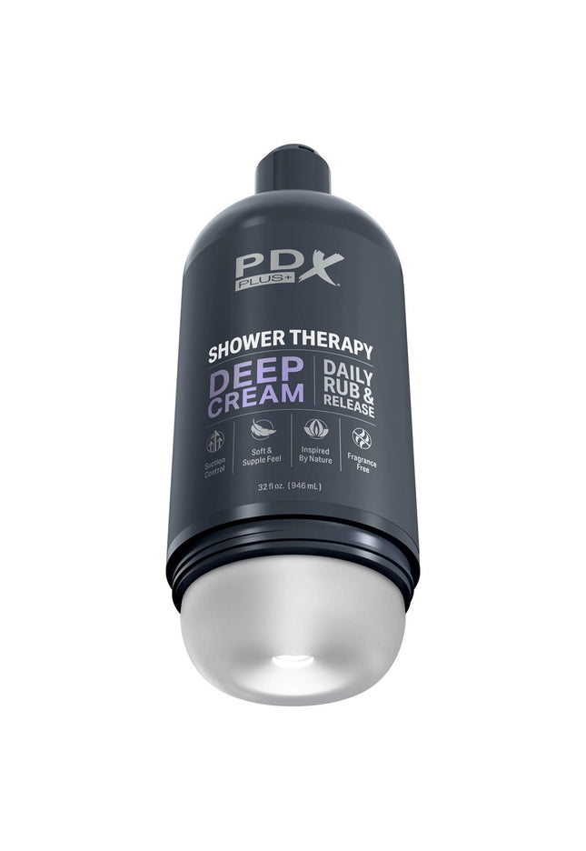 PDX Plus Shower Therapy - Deep Cream - Frosted - Clear Discreet Stroker with Suction Base