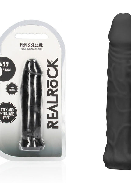 REALROCK 6'' Realistic Penis Sleeve - Black - Black 15.2 cm Penis Extension Sleeve