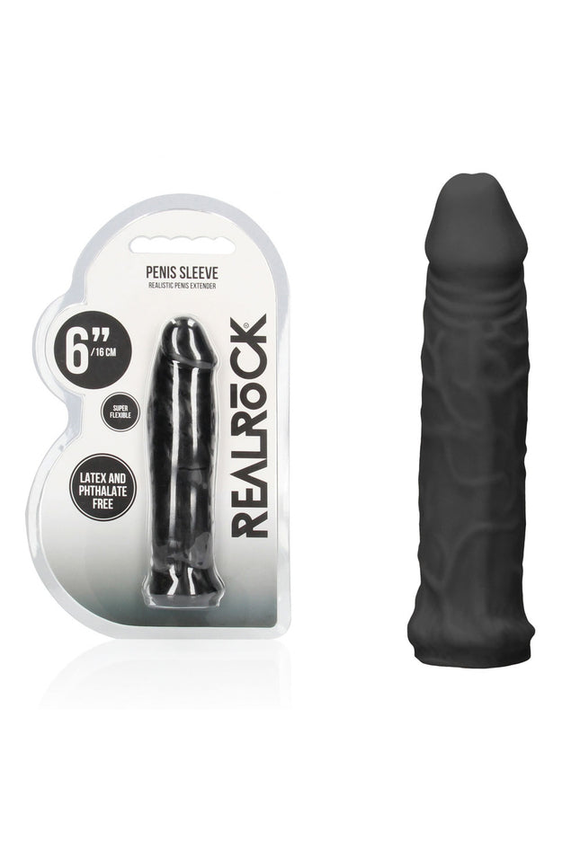 REALROCK 6'' Realistic Penis Sleeve - Black - Black 15.2 cm Penis Extension Sleeve