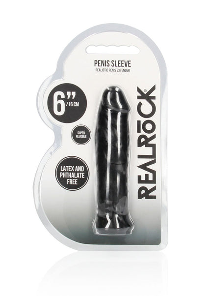 REALROCK 6'' Realistic Penis Sleeve - Black - Black 15.2 cm Penis Extension Sleeve