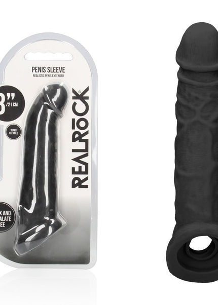 REALROCK 8'' Realistic Penis Extender with Rings - Black - Black 20.3 cm Penis Extension Sleeve