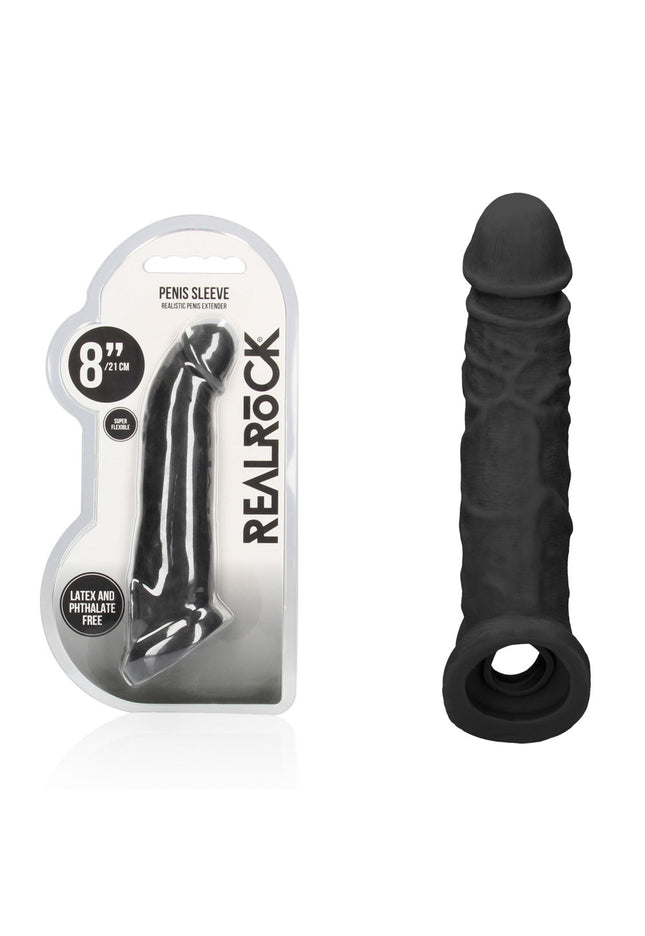REALROCK 8'' Realistic Penis Extender with Rings - Black - Black 20.3 cm Penis Extension Sleeve