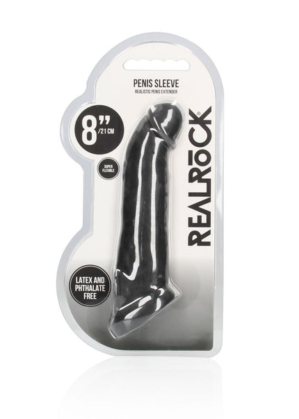 REALROCK 8'' Realistic Penis Extender with Rings - Black - Black 20.3 cm Penis Extension Sleeve
