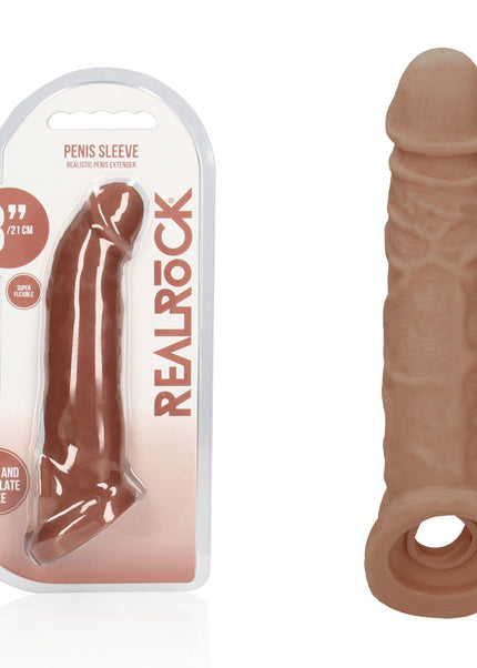 REALROCK 8'' Realistic Penis Extender with Rings - Tan - Tan 20.3 cm Penis Extension Sleeve