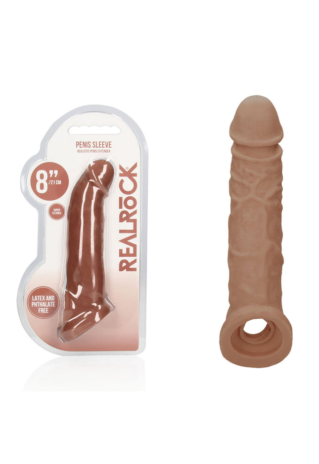 REALROCK 8'' Realistic Penis Extender with Rings - Tan - Tan 20.3 cm Penis Extension Sleeve