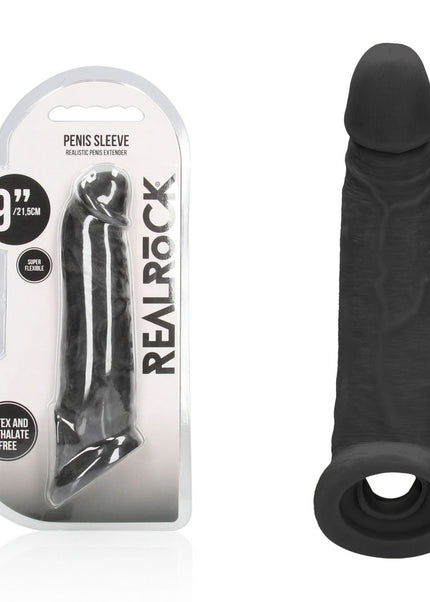 REALROCK 9'' Realistic Penis Extender with Rings - Black - Black 22.9 cm Penis Extension Sleeve