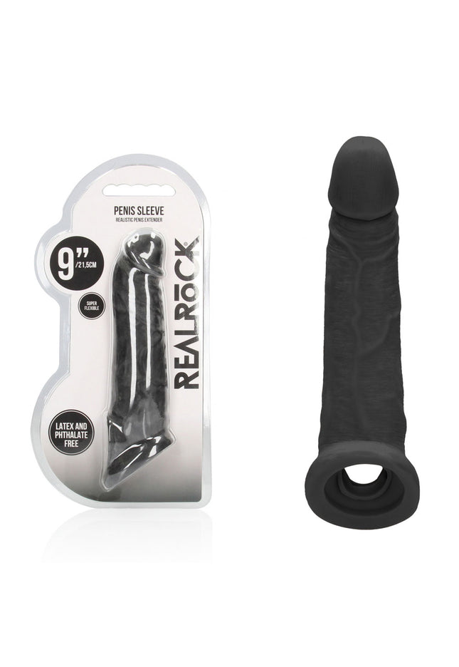 REALROCK 9'' Realistic Penis Extender with Rings - Black - Black 22.9 cm Penis Extension Sleeve