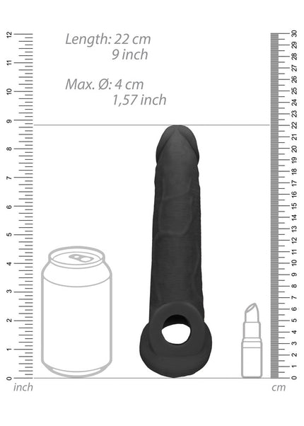 REALROCK 9'' Realistic Penis Extender with Rings - Black - Black 22.9 cm Penis Extension Sleeve