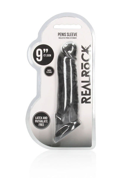 REALROCK 9'' Realistic Penis Extender with Rings - Black - Black 22.9 cm Penis Extension Sleeve